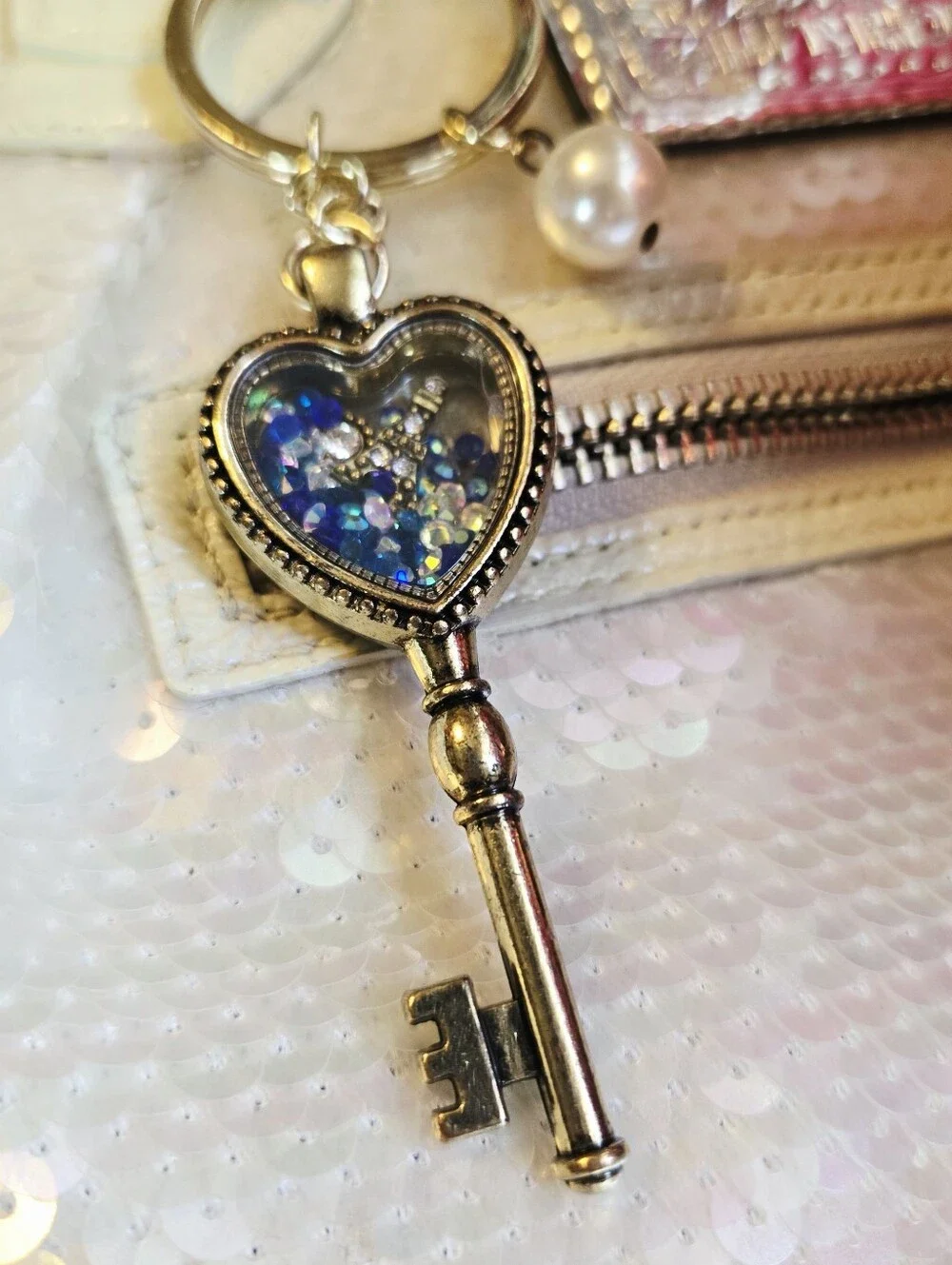 Gold Shaker Heart Key Charm Keychain with Blue Accent